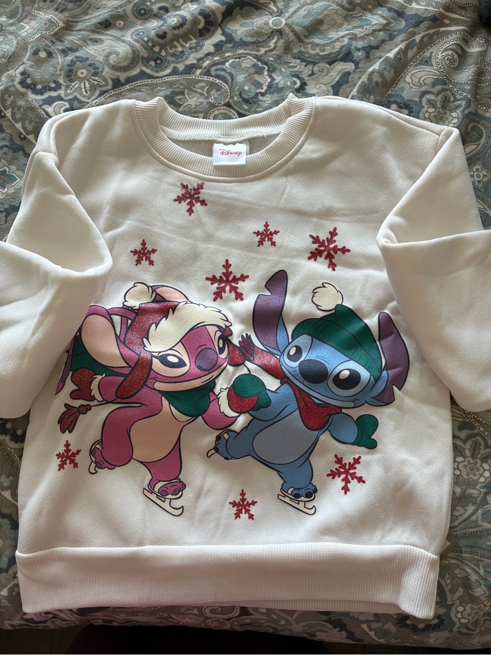 NWT Disney White Holiday Stitch & Angel Ice Skating Sweatshirt
